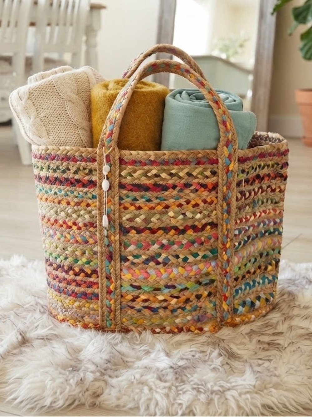New Shiraleah handwoven colorful Jute boho Storage Basket Home decor storage bag